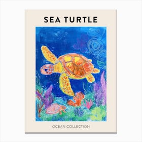 Colourful Sea Turtle Exploring Deep Into The Ocean Crayon Doodle Poster 1 Canvas Print