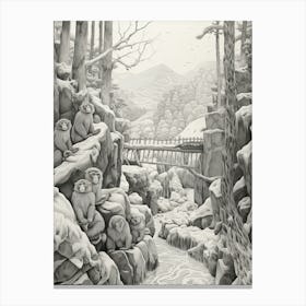 Jigokudani Monkey Park In Nagano, Ukiyo E Black And White Line Art Drawing 4 Canvas Print