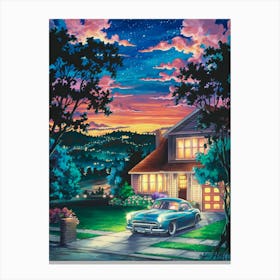 Anime Canvas Art: Vibrant Suburban Sunset with Starry Night Sky and Cozy Home, Ideal for Lofi Aesthetic Fans and Nostalgic Wall Decor. Canvas Print