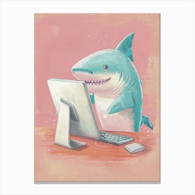 Shark On A Computer Pastel Illustration 2 Canvas Print