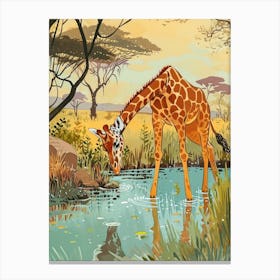 Giraffe By The Watering Hole Watercolour Illustration 3 Canvas Print