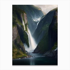Nærøyfjord Waterfalls, Norway Realistic Photograph (3) Canvas Print