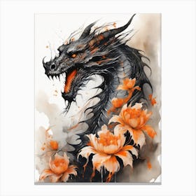 Japanese Dragon Abstract Flowers Painting (31) Canvas Print
