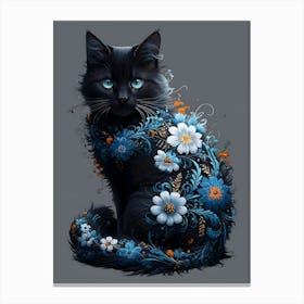 Black Cat With Blue Flowers Canvas Print