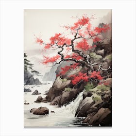 Red Tree Watercolor, Japanese Brush Painting, Ukiyo E, Minimal 2 Canvas Print