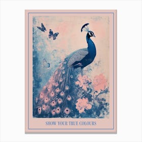 Pink & Blue Peacock Cyanotype Inspired With Butterflies 1 Poster Canvas Print
