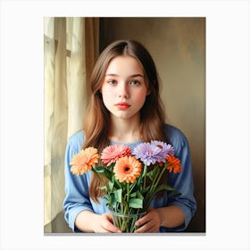 Portrait Of A Girl Holding Flowers Canvas Print