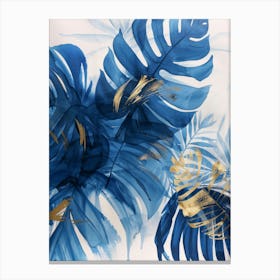 Blue And Gold Tropical Leaves Canvas Print