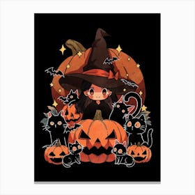 Halloween Witch With Cats Canvas Print