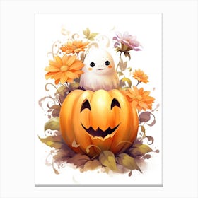 Cute Ghost With Pumpkins Halloween Watercolour 38 Canvas Print