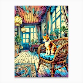 A cat sitting on a bamboo chair in a colorful and cozy room filled with plants Canvas Print