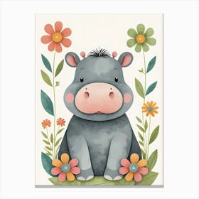 Floral Baby Hippo Nursery Illustration (3) 1 Canvas Print