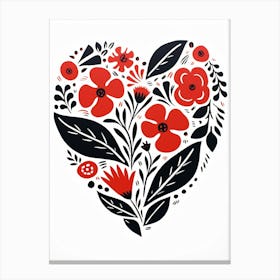 Heart Red & Black Linocut Style White Background 1 Canvas Print