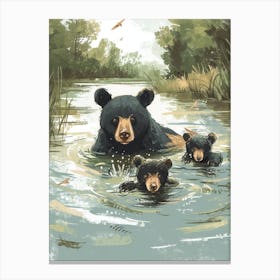 American Black Bear Family Swimming In A River Storybook Illustration 4 Canvas Print