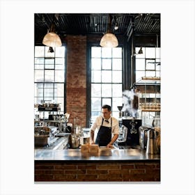 Barista In A Steam Filled Industrial Style Eatery Clad In A Hipster Uniform Meticulously Grinds Co 2 1 Canvas Print