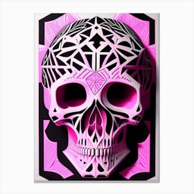 Skull With Geometric Designs 1 Pink Linocut Canvas Print