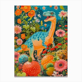 Dinosaur In The Garden Flowers 3 Canvas Print