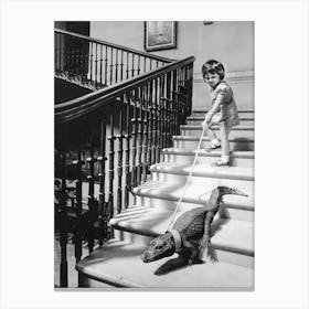 Girl Walking Alligator, Black and White Vintage Old Photo Canvas Print