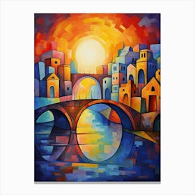 Bridges at Sunset IV, Colorful Abstract Painting in Picasso Cubism Style Canvas Print