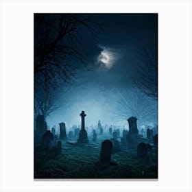 Halloween Themed Digital Painting Mist Weaving Through An Ancient Cemetery Under A Clouded Moonlit (2) Canvas Print