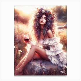 A Bohemian Woman In A Flowery Meadow 2 Canvas Print