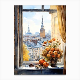 Window View Of Warsaw Poland In Autumn Fall, Watercolour 3 Canvas Print