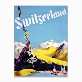 Skiing In Mountains Of Switzerland Canvas Print