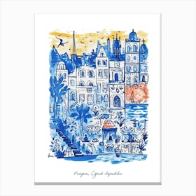 Prague Czech Republic Illustration Line Art Travel Blue Canvas Print
