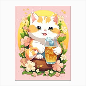 Kawaii Cat Drawings Drinking Tea 4 Canvas Print