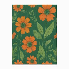 Orange Flowers On Green Background Canvas Print