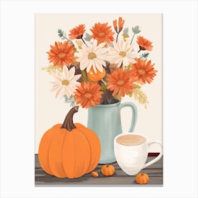 Pitcher With Sunflowers, Atumn Fall Daisies And Pumpkin Latte Cute Illustration 4 Canvas Print