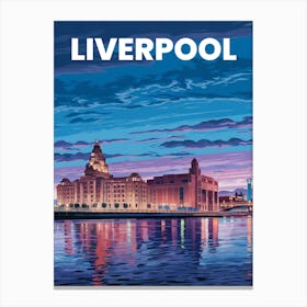 Anime Canvas Art: Vibrant Liverpool Waterfront with the Royal Liver Building and Shimmering Reflections at Dusk, Ideal for Lofi Aesthetic and Urban Fans. Canvas Print