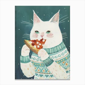 Cute White Cat Eating Pizza Folk Illustration 4 Canvas Print
