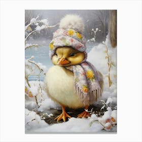 Snowy Duckling With Hat & Scarf Detailed Painting 2 Canvas Print