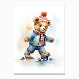Roller Skating Teddy Bear Painting Watercolour 2 Canvas Print