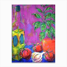 Oil, Tomatoes, Garlic And Basil Plant Canvas Print
