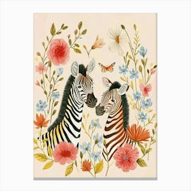 Folksy Floral Animal Drawing Zebra Canvas Print