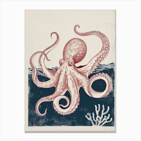 Red & Navy Octopus Linocut Inspired In The Ocean 1 Canvas Print