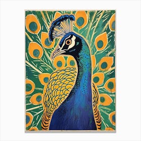 Blue Mustard Linocut Inspired Peacock Feather 5 Canvas Print