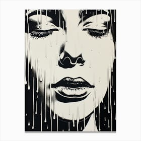 Black & White Linocut Inspired Face In The Rain 2 Canvas Print