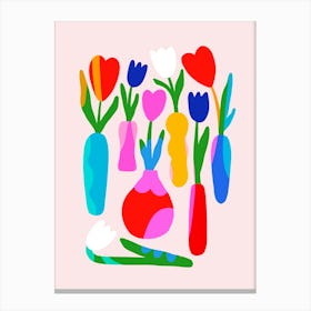 Minimal colourful Tulip Flowers in Vases pink Canvas Print