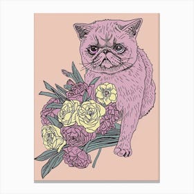 Cute Exotic Shorthair Cat With Flowers Illustration 2 Canvas Print
