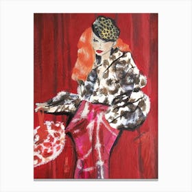 Parisian Woman In Leopard Print Tartan Red and Pink Collage Canvas Print