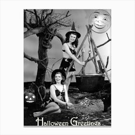 Young And Beautiful Pinup Witches On A Full Moon Canvas Print