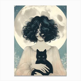 Black cat and mysterious woman under glowing moonlight Canvas Print