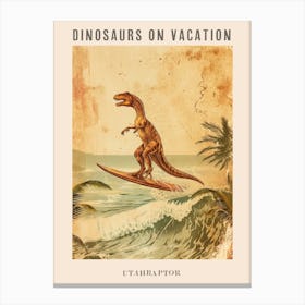 Vintage Utahraptor Dinosaur On A Surf Board 2 Poster Canvas Print