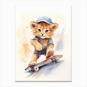 Skateboarding Watercolour Lion Art Painting 3 Canvas Print