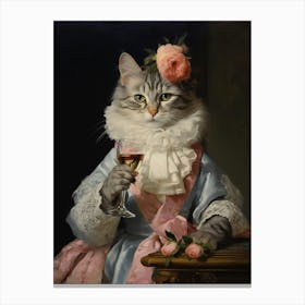 Cat Drinking Wine In A Pink & Blue Dress Canvas Print