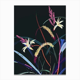 Neon Flowers On Black Fountain Grass 3 Canvas Print