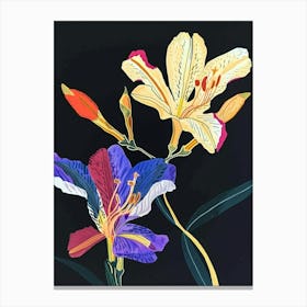 Neon Flowers On Black Freesia 1 Canvas Print